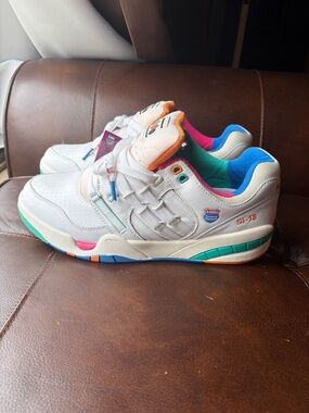 K-Swiss White Athletic Sneakers with Teal, Pink, Blue, Orange Accents